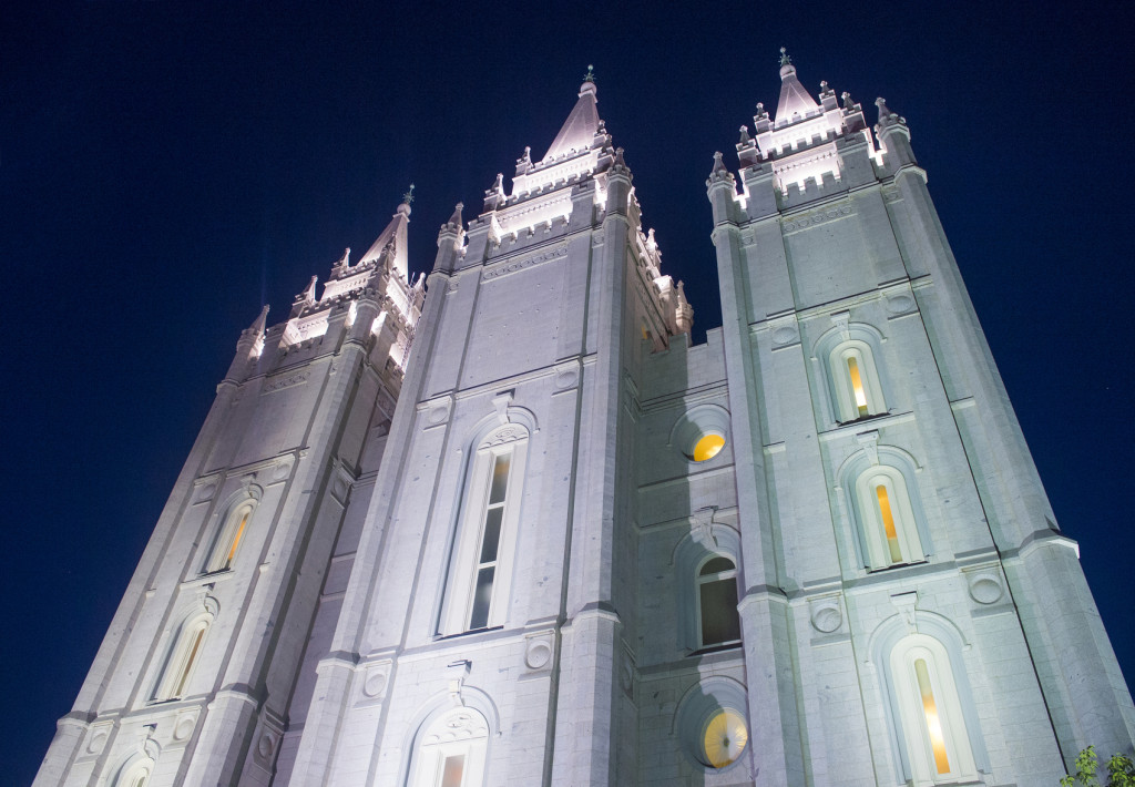 SALT LAKE CITY , UTAH - AUG 31 : The Mormons Temple in Salt Lake City , Utah on August 31 2014. The Salt Lake Temple is the centerpiece of the 10-acre Temple Square in Downtown Salt Lake City.